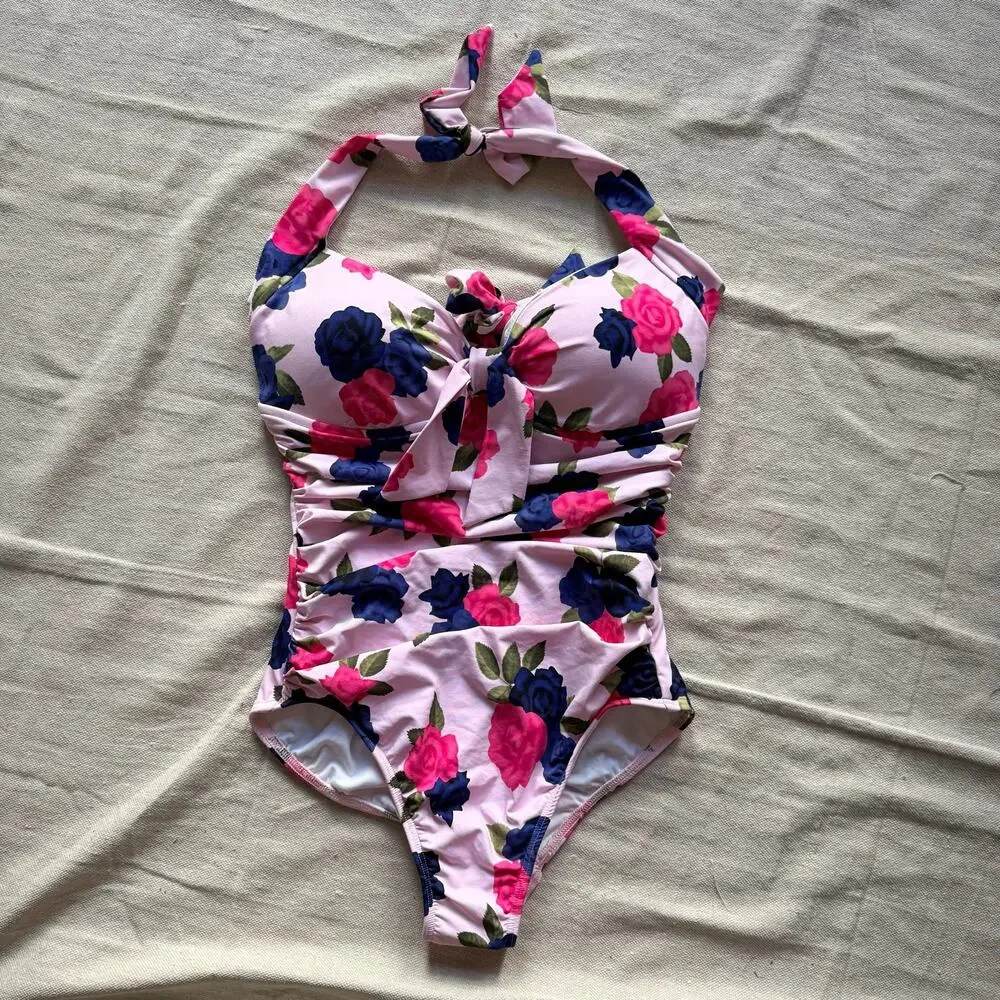 NWT Seafolly Australia Swimsuit Womens US 8 AU 12 Floral Ruched Halter One Piece